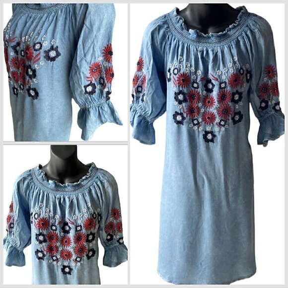 VTG 90s Rainforest Cafe Blue Chambray Floral Red Embroidered Dress Women’s S - Picture 1 of 10
